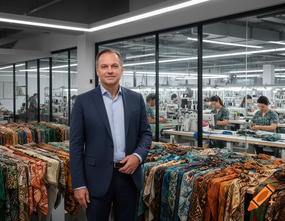 A man in a suit stands in a textile factory with sewing machines and racks of patterned fabrics in the background.