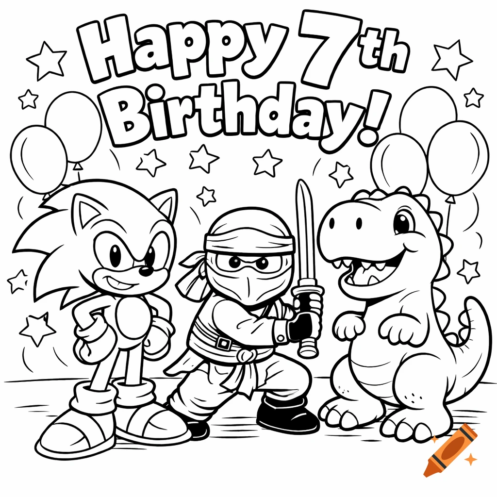 Black and white coloring page featuring Sonic the Hedgehog, a ninja, and a dinosaur, with 'Happy 7th Birthday!' text.