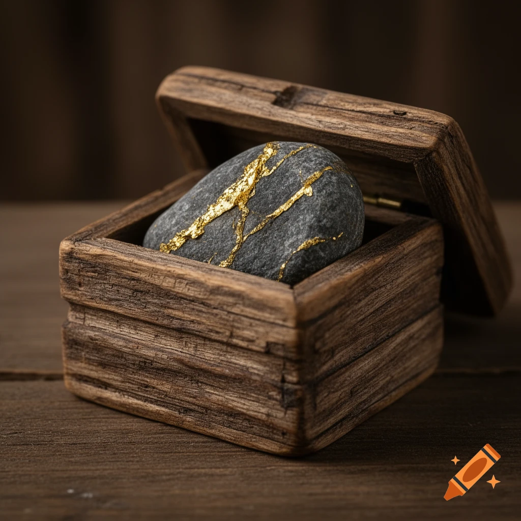 Rounded dark grey rock with gold veins inside a crudely carved wooden box, photorealistic.