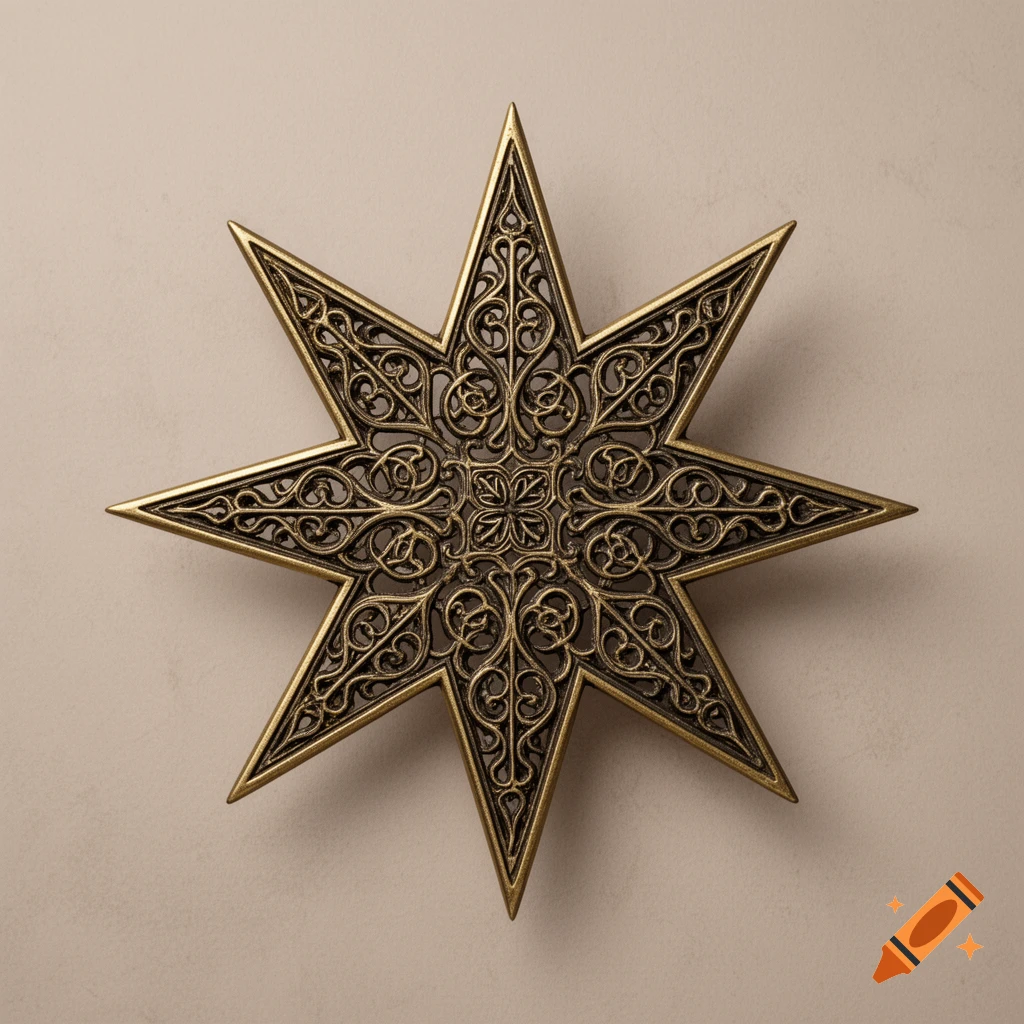 Brass-colored, seven-pointed star with intricate filigree patterns on a light background.