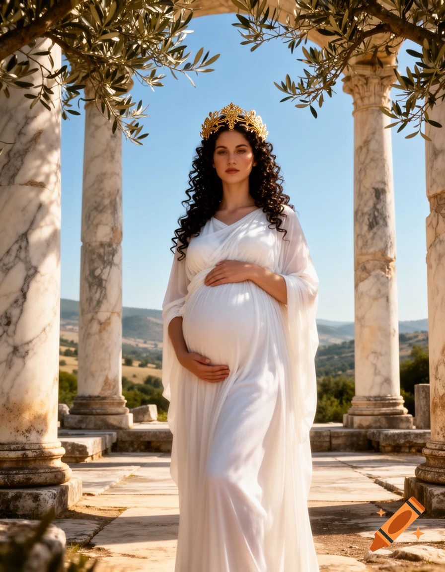 A pregnant woman in a flowing white gown and gold crown stands among ancient Greek columns and olive trees, with a valley in the background.