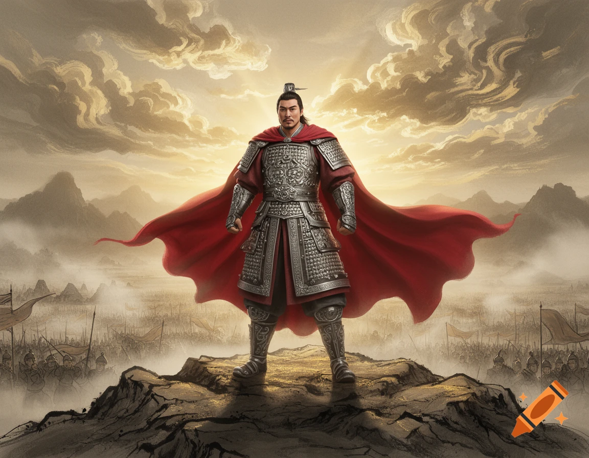 A heroic Chinese General Yue Fei in silver armor and a flowing red cape stands on a rocky outcrop overlooking a misty battlefield.