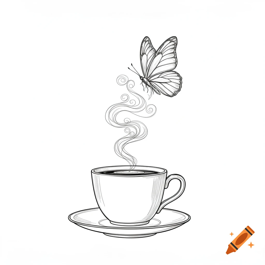 A black and white line sketch of a coffee cup with steam rising in the shape of a butterfly.