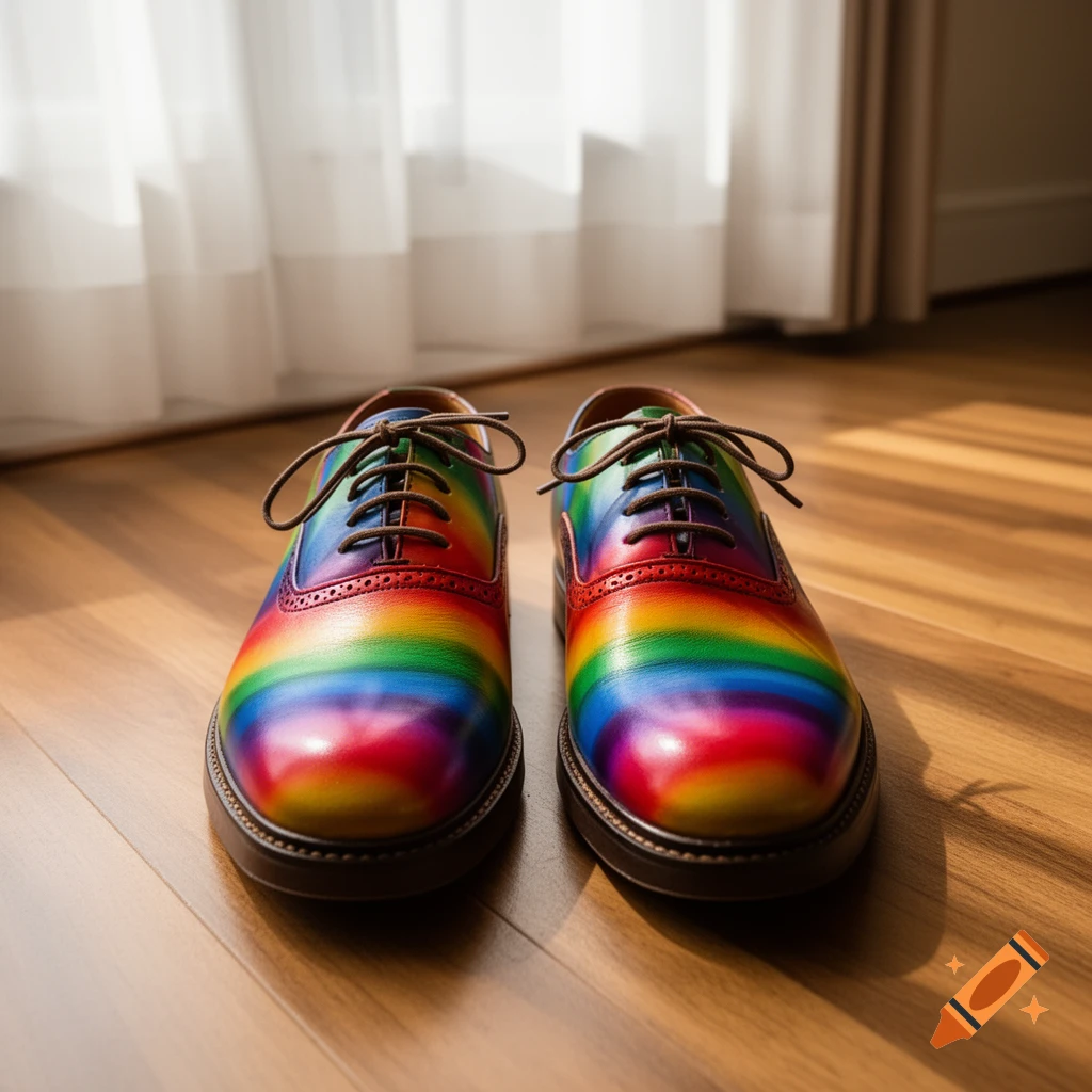 A pair of vibrant rainbow-colored dress shoes with brown laces on a wooden floor near a window with sheer white curtains.