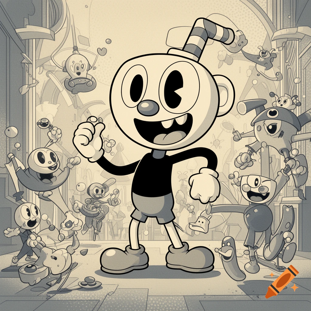 A black and white cartoon character, resembling Baldi in Cuphead style, smiles widely amidst whimsical, stylized creatures.