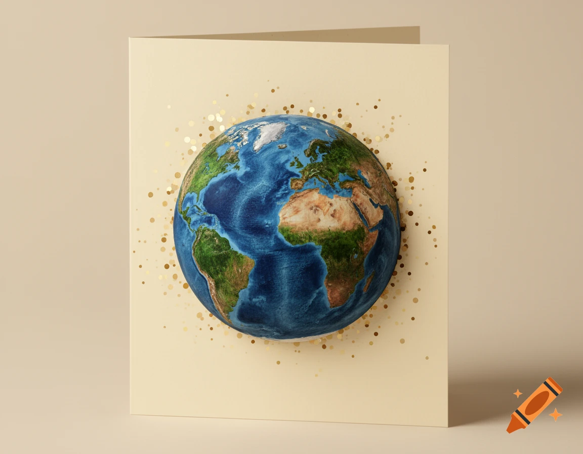 A pale yellow greeting card featuring a realistic Earth globe with green landmasses and blue oceans, surrounded by gold confetti.