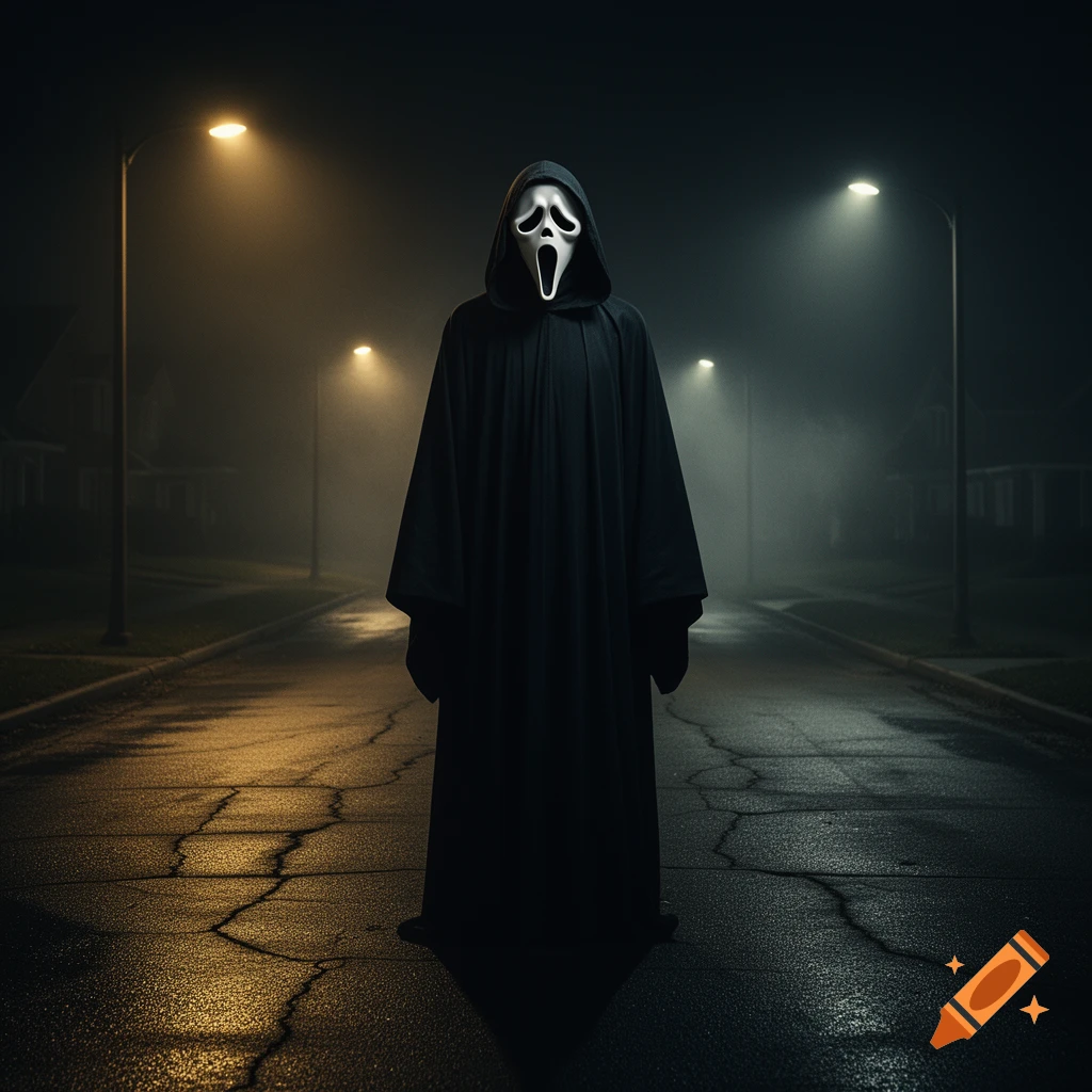Ghostface stands in the middle of a dark, foggy street lit by streetlights, in a photorealistic style.