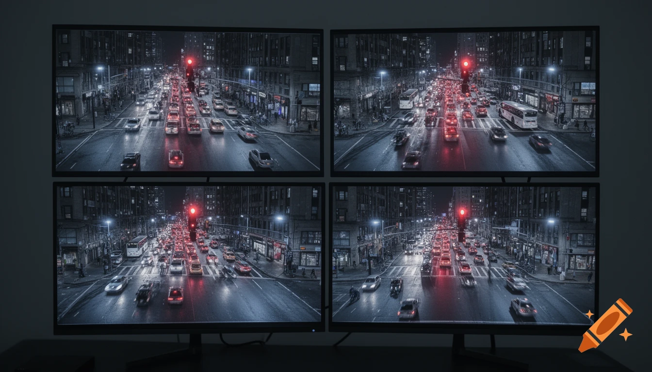 Four TV screens display a dark city street at night with heavy traffic stopped at a red light on a wet road.