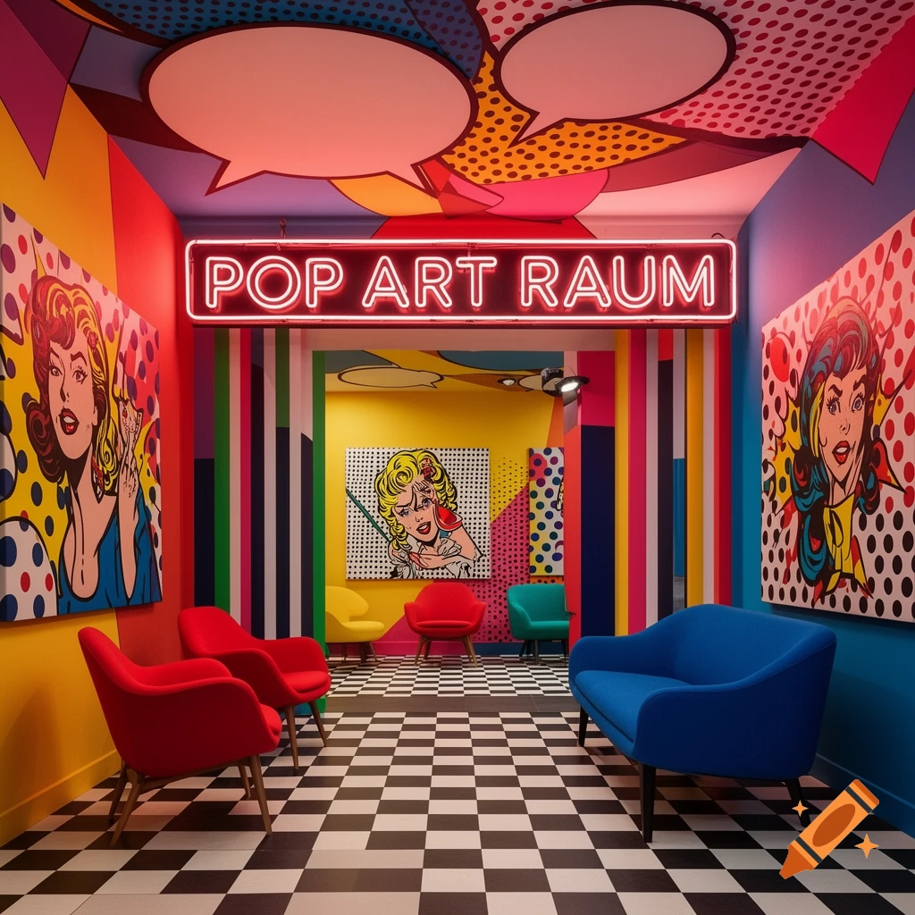 A vibrant room decorated in a pop art style with a black and white checkerboard floor, colorful walls, and pop art paintings. A neon sign reads 'POP ART RAUM'.