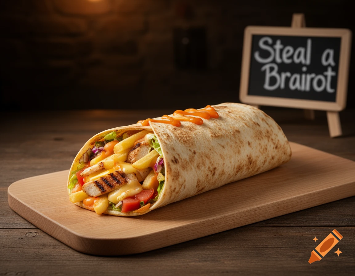 Photorealistic chicken and fries wrap with melted cheese and sauce on a wooden board, with a chalkboard sign in the background.