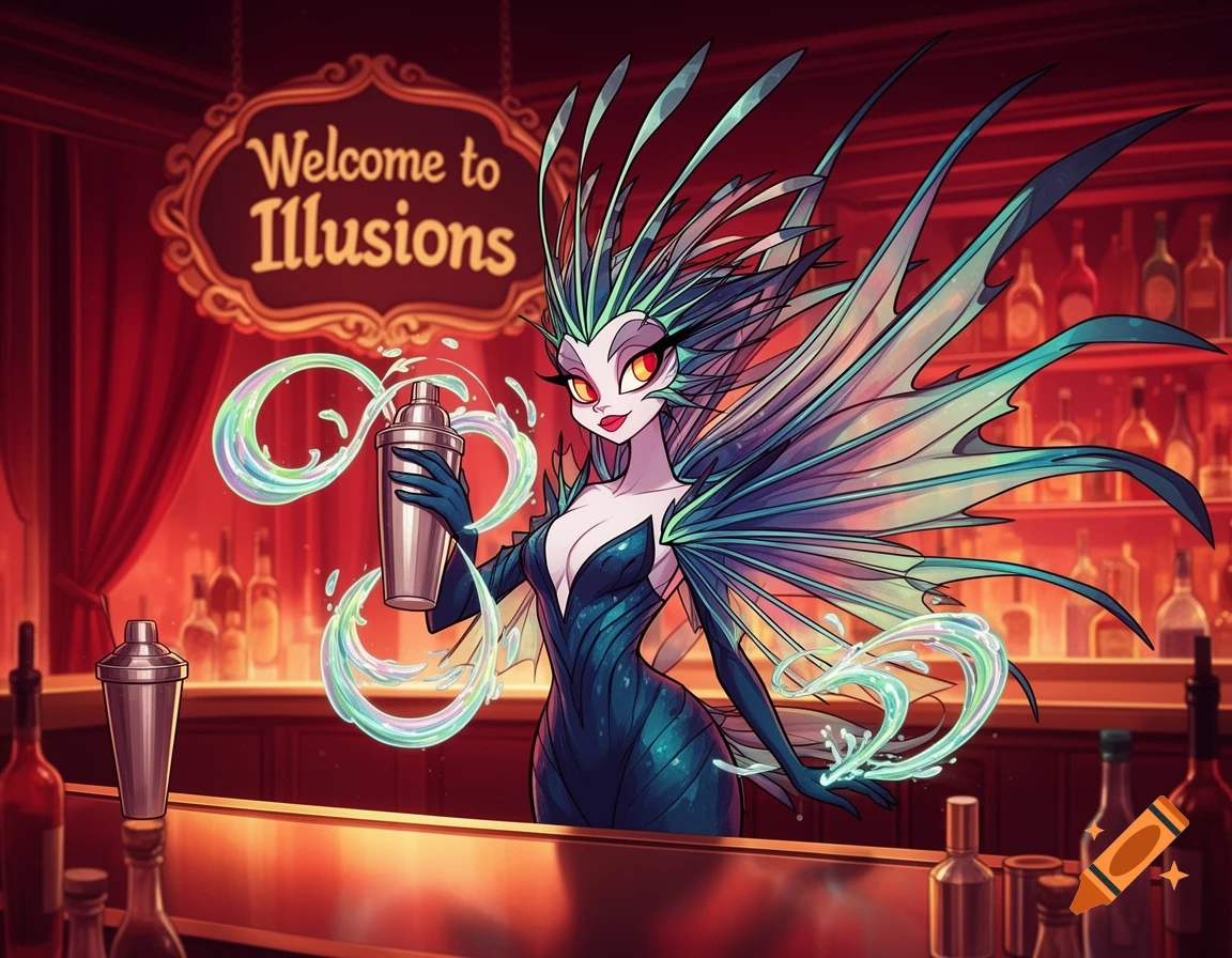 A cartoon fantasy bartender with teal wings and green hair shakes a cocktail behind a bar with a 'Welcome to Illusions' sign.