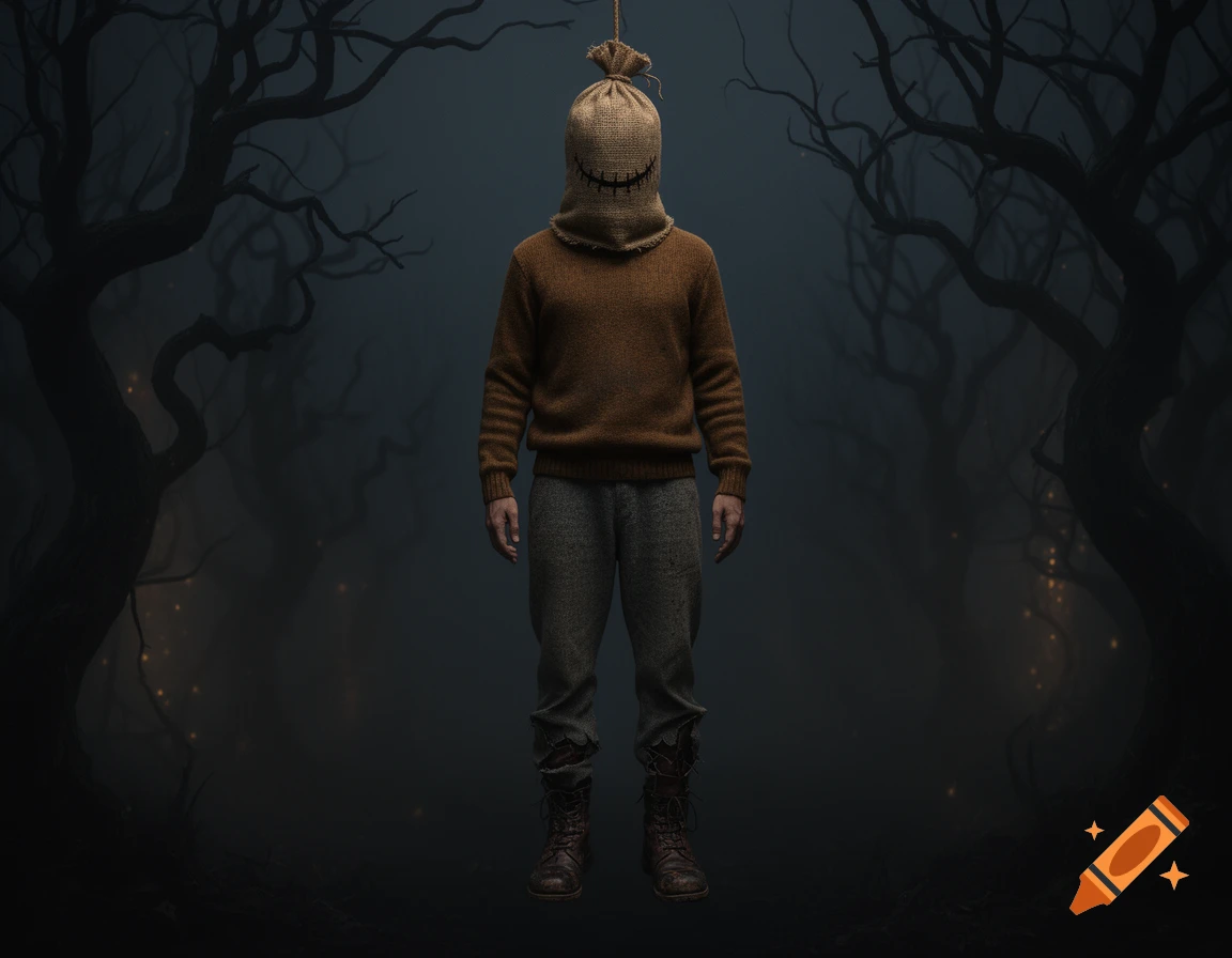 A mysterious figure with a sack over its head, stitched smile, brown sweater, grey pants, and boots hangs in a dark, foggy forest.