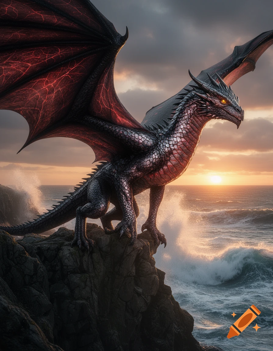 A majestic black and red dragon with glowing eyes stands on a rocky ...