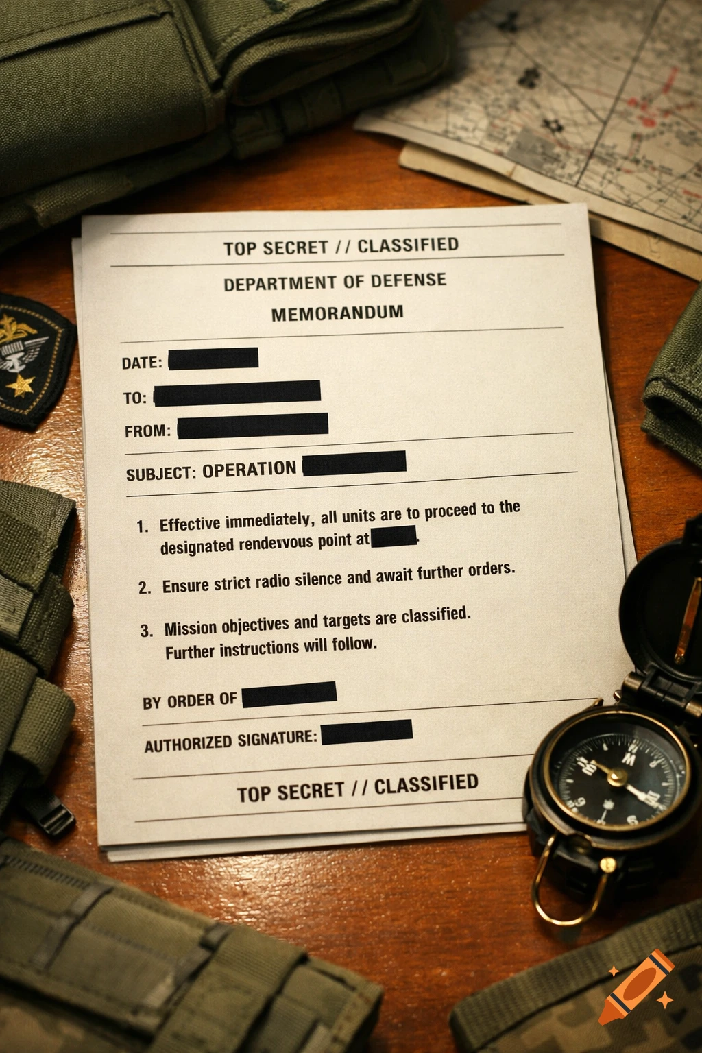 A 'TOP SECRET // CLASSIFIED' military memorandum on a wooden table, surrounded by a compass, map, and military gear.