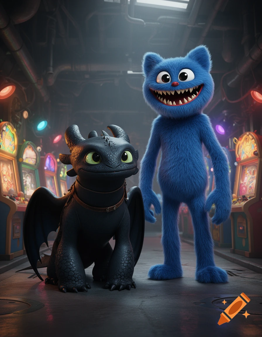 Toothless the black dragon and a tall, furry blue monster with sharp teeth and wide eyes stand in a dimly lit arcade.