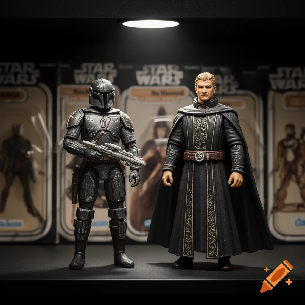 Two Star Wars action figures, one in Mandalorian armor and one in a dark robe, stand on a shelf with blurred vintage collection cardbacks behind them.