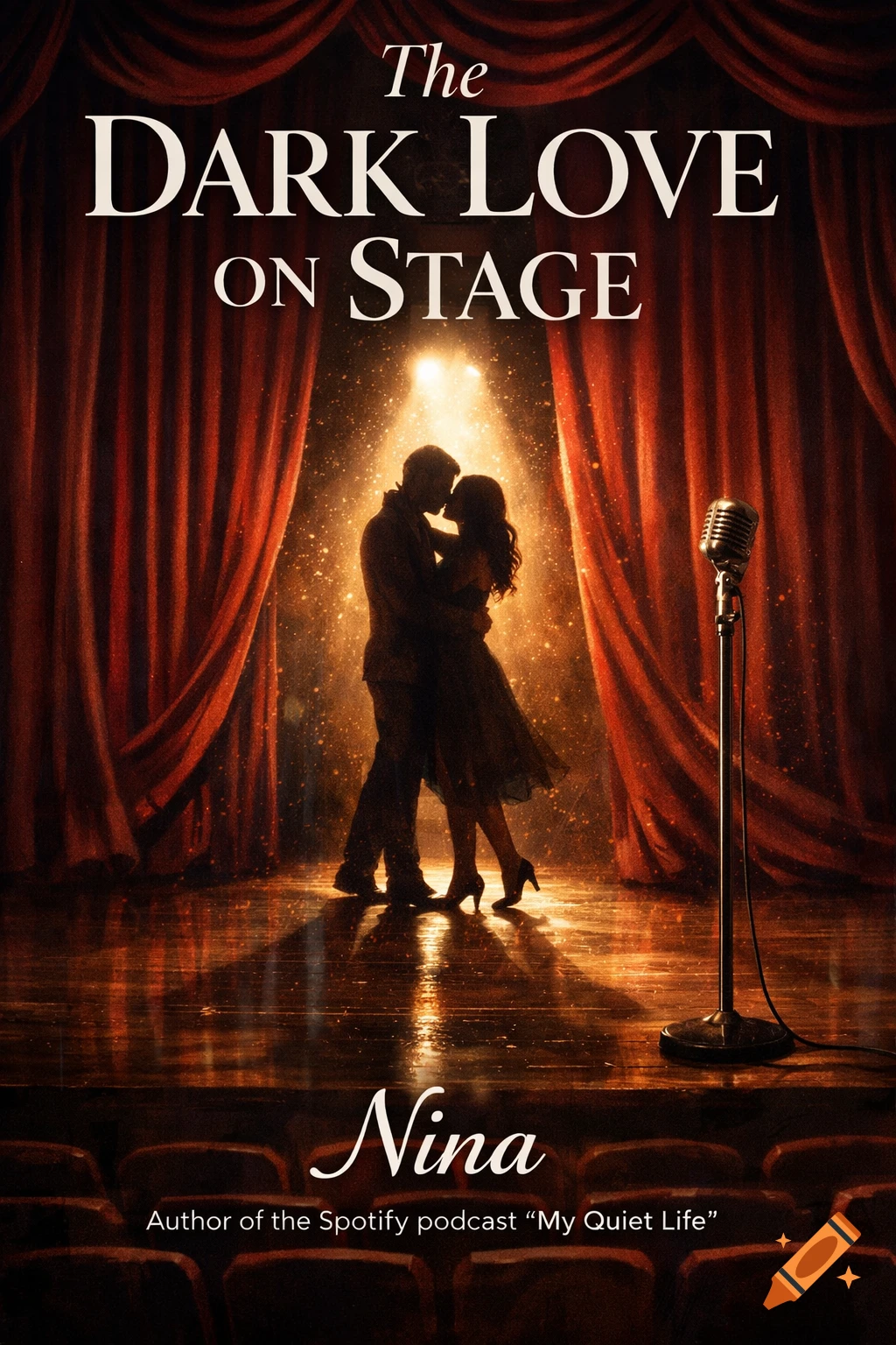 Book cover with a silhouetted couple embracing on a dark stage under a spotlight, with red curtains, a microphone, and text "The Dark Love On Stage".