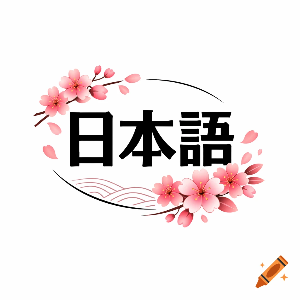 Illustration of the Japanese characters "日本語" (Nihongo) for Japanese language, surrounded by pink cherry blossoms and wavy lines.