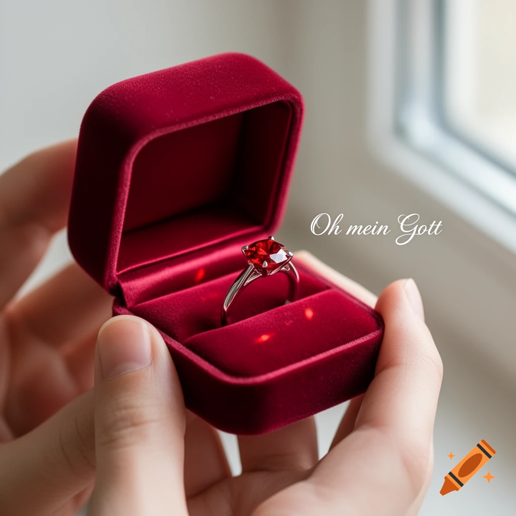 A person's hands delicately hold an open red velvet ring box, revealing a silver ring with a vibrant red, cushion-cut gemstone. The text "Oh mein Gott" floats on the right side of the image.