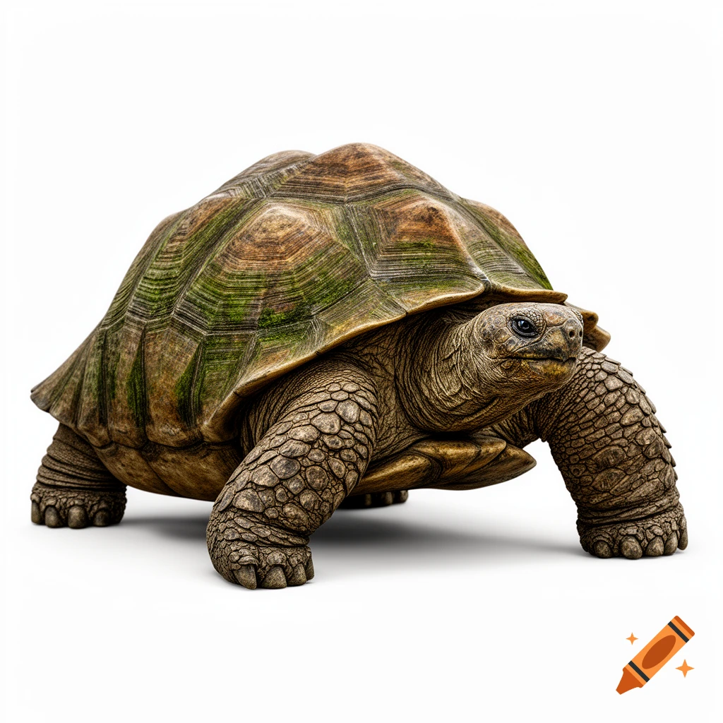 A close-up, photorealistic image of a giant tortoise with a textured shell and scaly skin, walking on a white background.