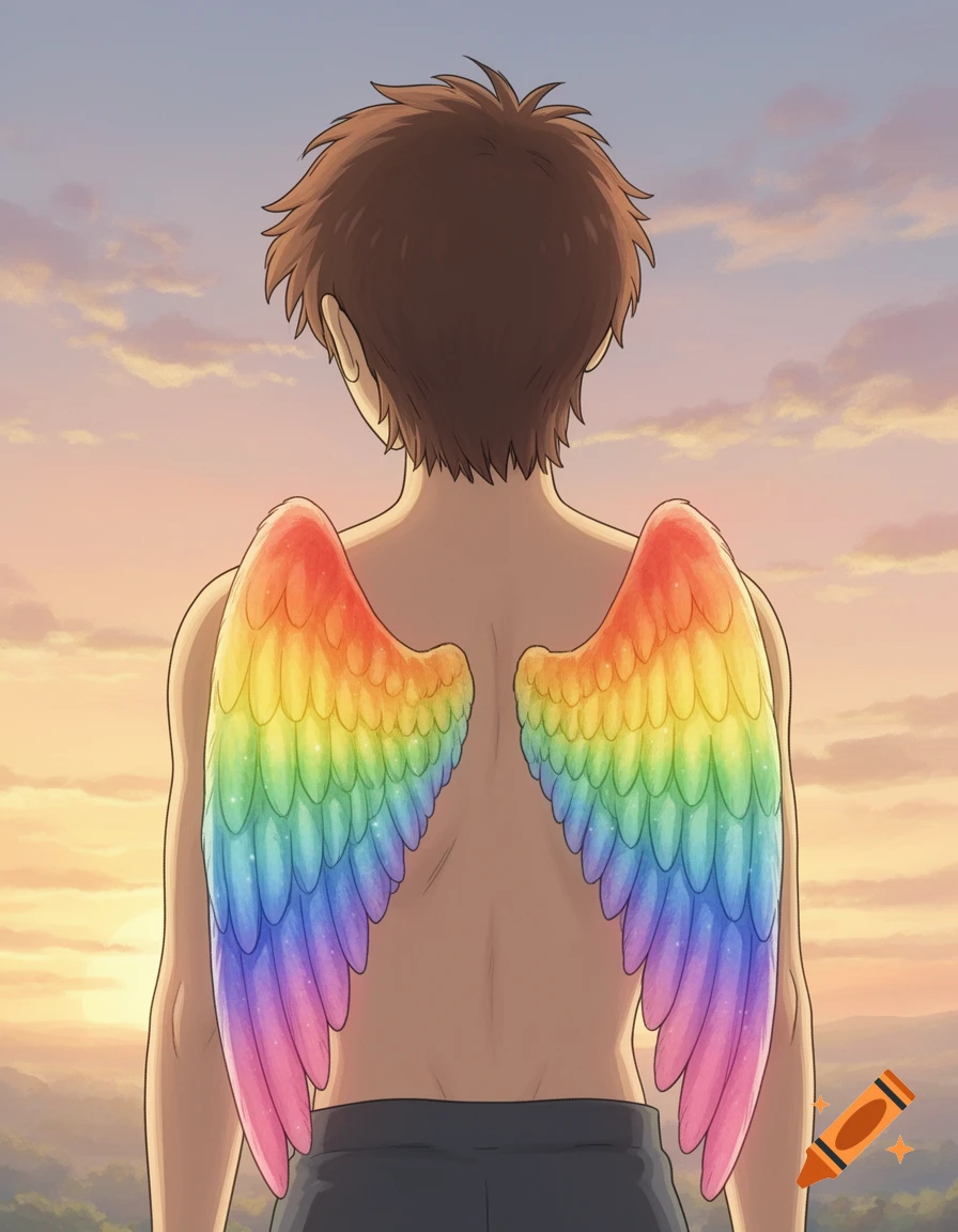 Anime drawing of a brown-haired person with rainbow wings, shirtless back to viewer, against a colorful sunset sky.