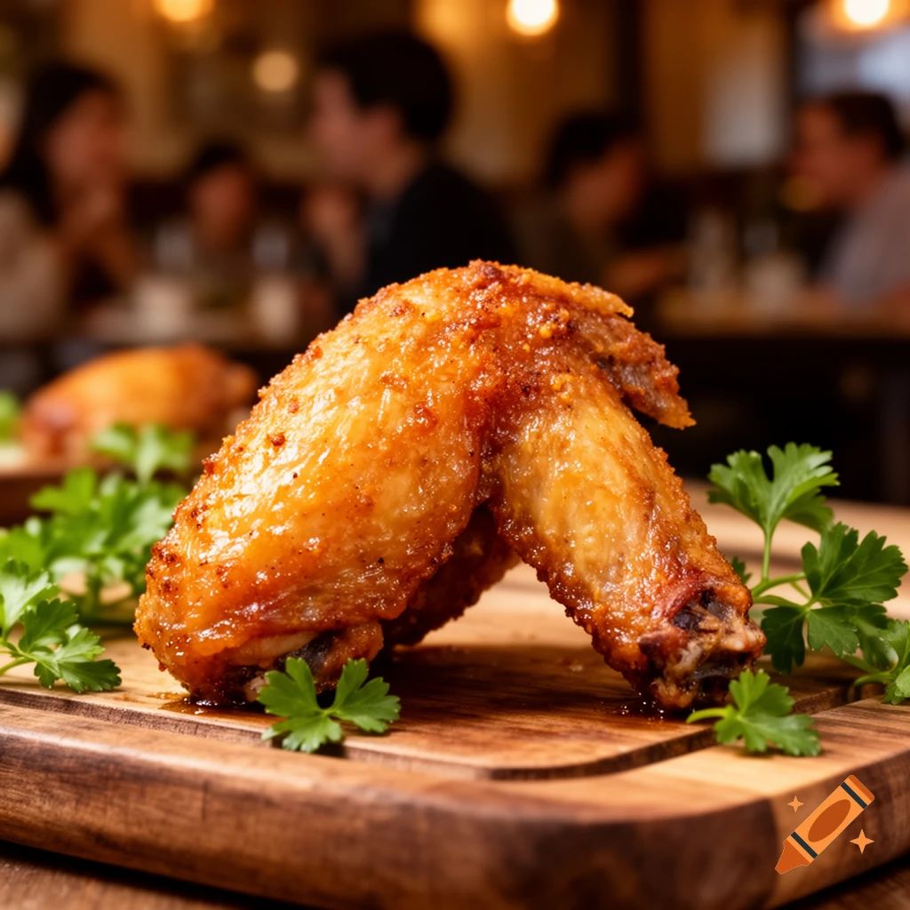 A close-up, photorealistic shot of a crispy, golden-brown chicken wing on a wooden board with parsley, blurred restaurant background.