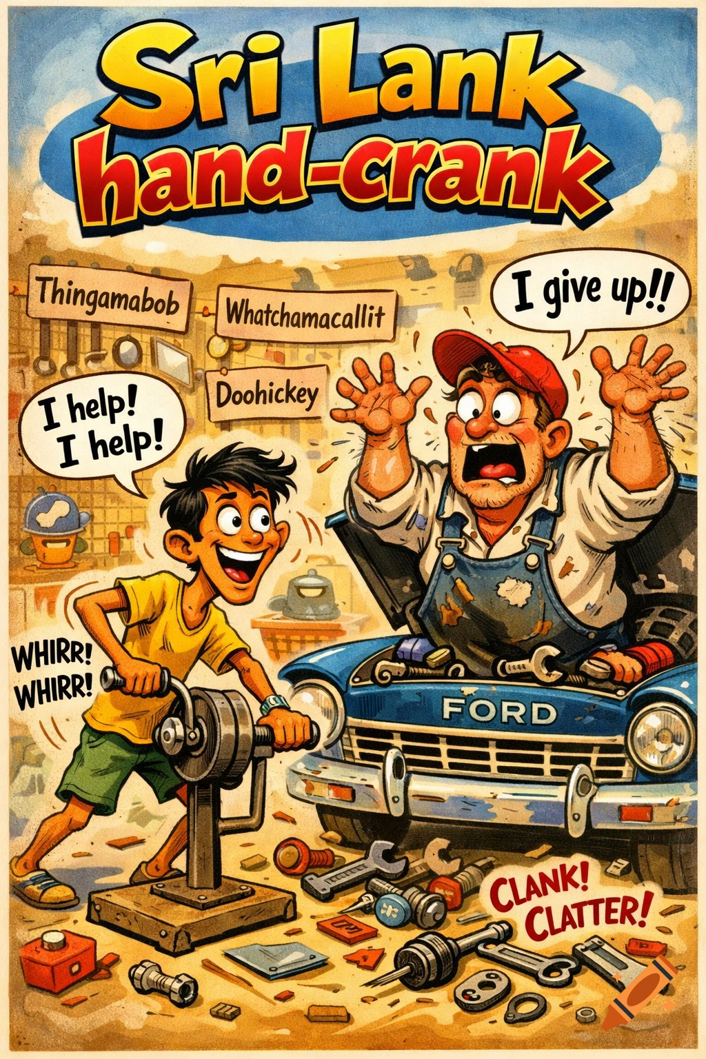 A cartoon poster shows a smiling boy using a hand-crank to assist an exasperated mechanic working on a blue Ford car, with tools scattered around.