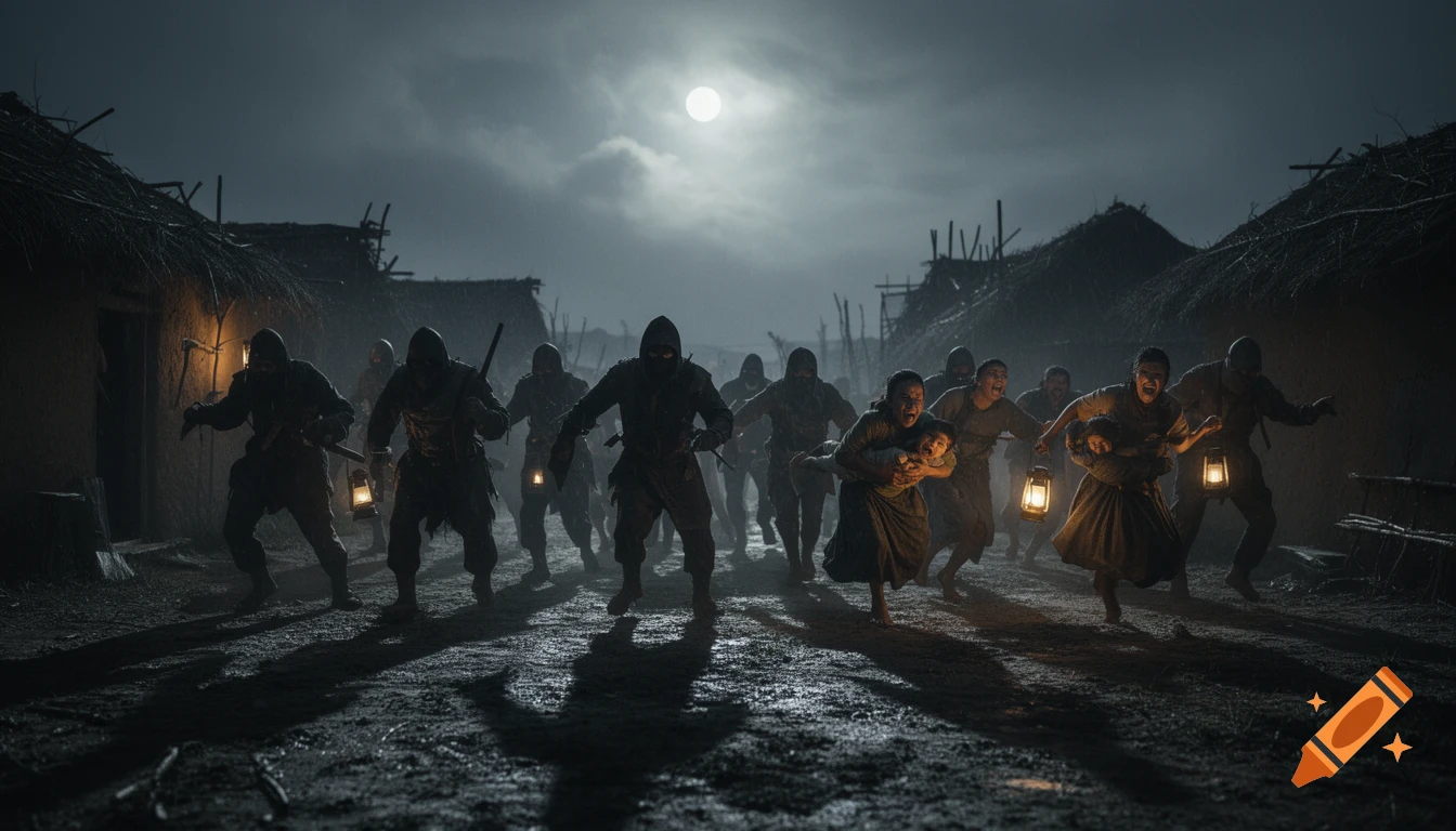 Hooded attackers raid a moonlit rural village, as terrified villagers, some carrying children and lanterns, flee.