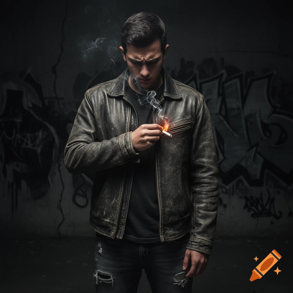 A brooding man in a leather jacket and ripped jeans looks down at a burning cigarette he holds, with smoke rising against a dark, graffiti-covered wall.