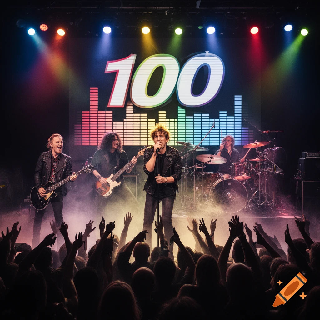 A rock band performs on stage under colorful spotlights with a large screen displaying "100" and equalizer graphics to a crowd.