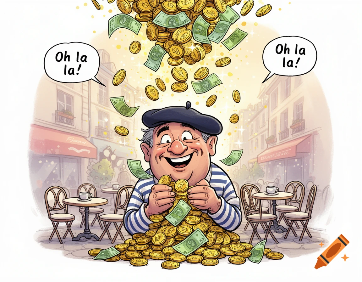 Cartoon of a cheerful French man with a beret sitting in a pile of money raining down, exclaiming 'Oh la la!' in a Parisian street.