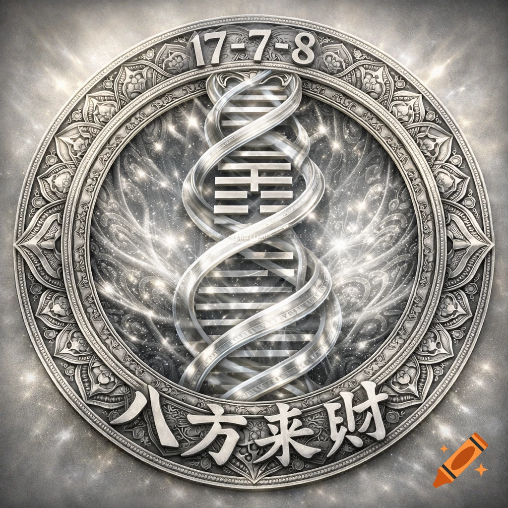 Silver mandala with a DNA double helix, glowing center, ornate border, and numbers '17-7-8' and Chinese text '八方来财'.