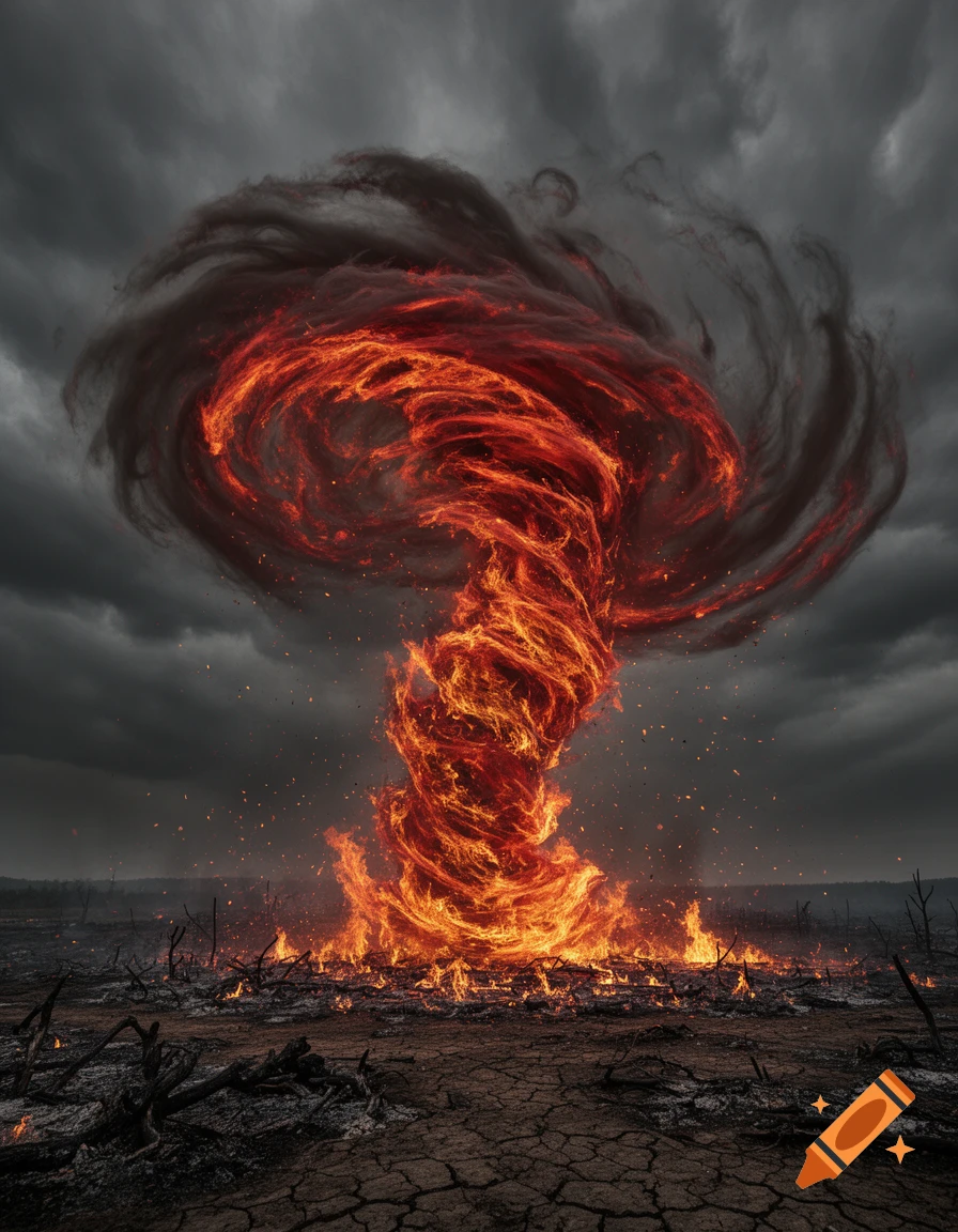 A massive, photorealistic fire tornado with swirling orange flames and dark smoke rages over a barren, cracked earth under a stormy sky.