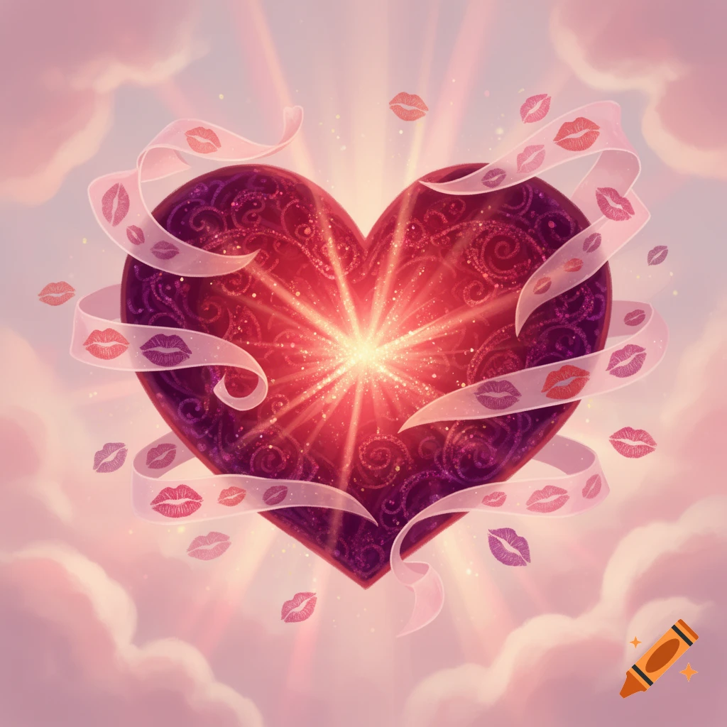 A glowing, ornate red heart with ribbons adorned with kiss marks floats amidst pink clouds and sun rays.