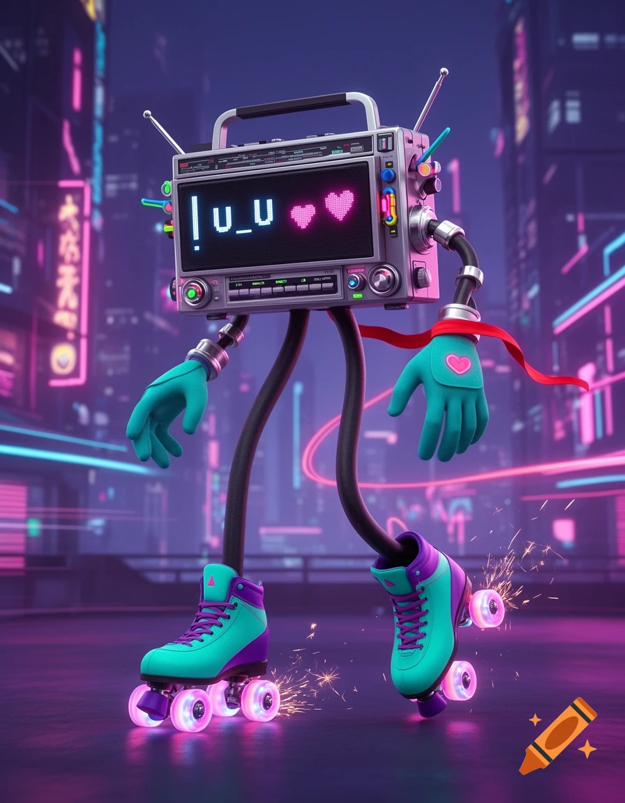 A retro boombox character with teal gloves and long legs, wearing neon teal and purple roller skates with glowing wheels, sparks flying, in a synthwave city.