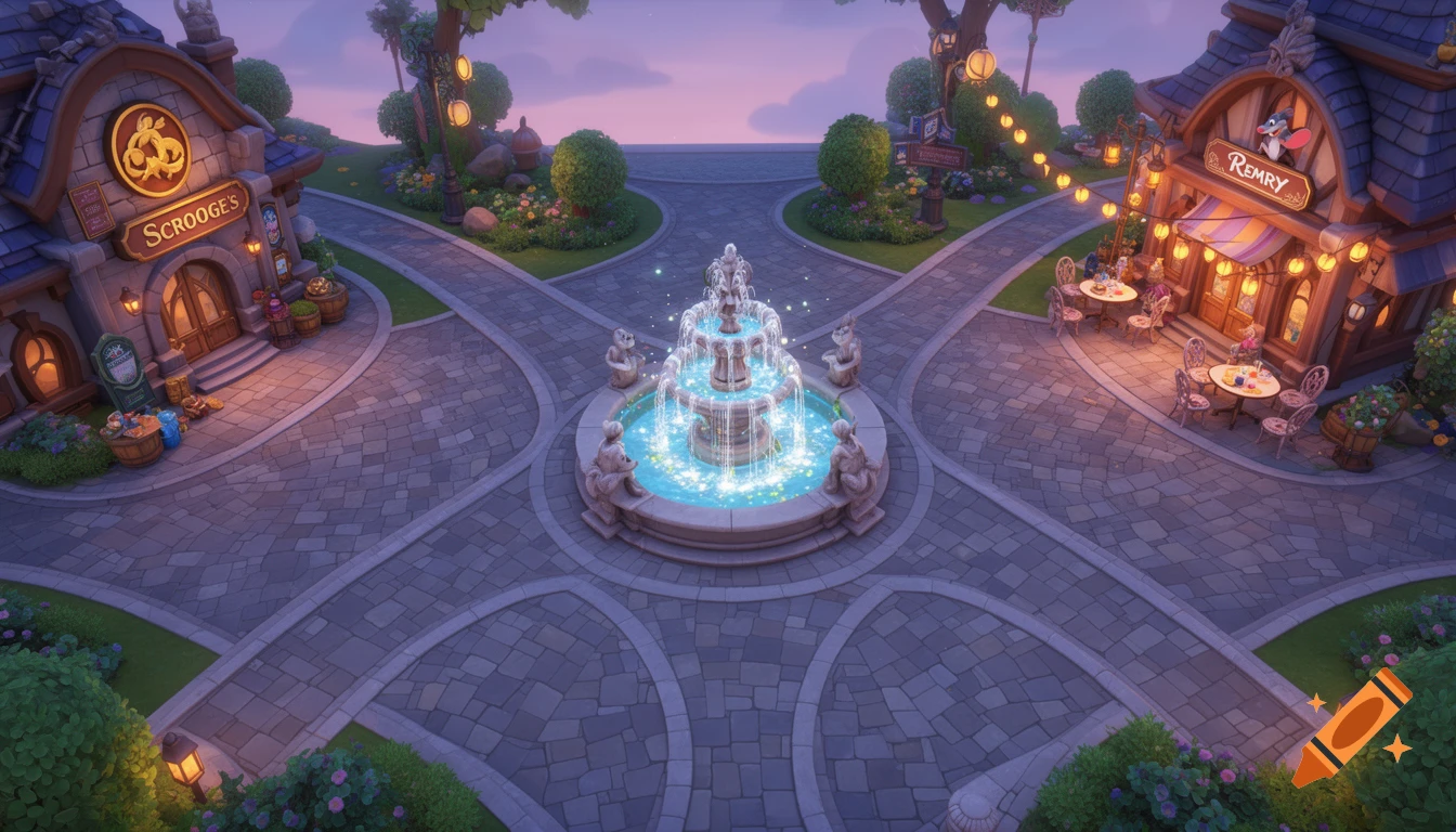 Top-down view of a whimsical town plaza with a central fountain, Scrooge's shop, and Remy's restaurant, in a video game style.