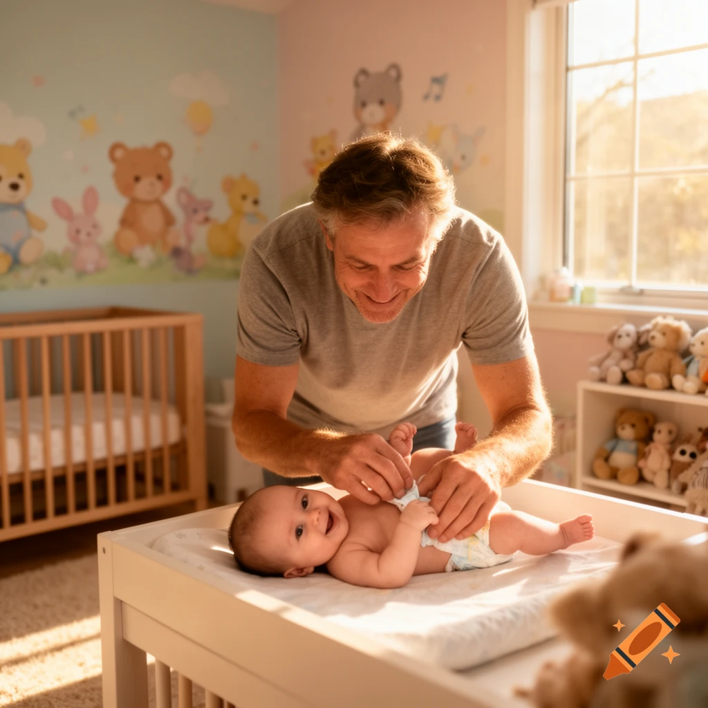 A smiling man changes a happy baby's diaper on a changing table in a bright nursery decorated with cartoon animals.