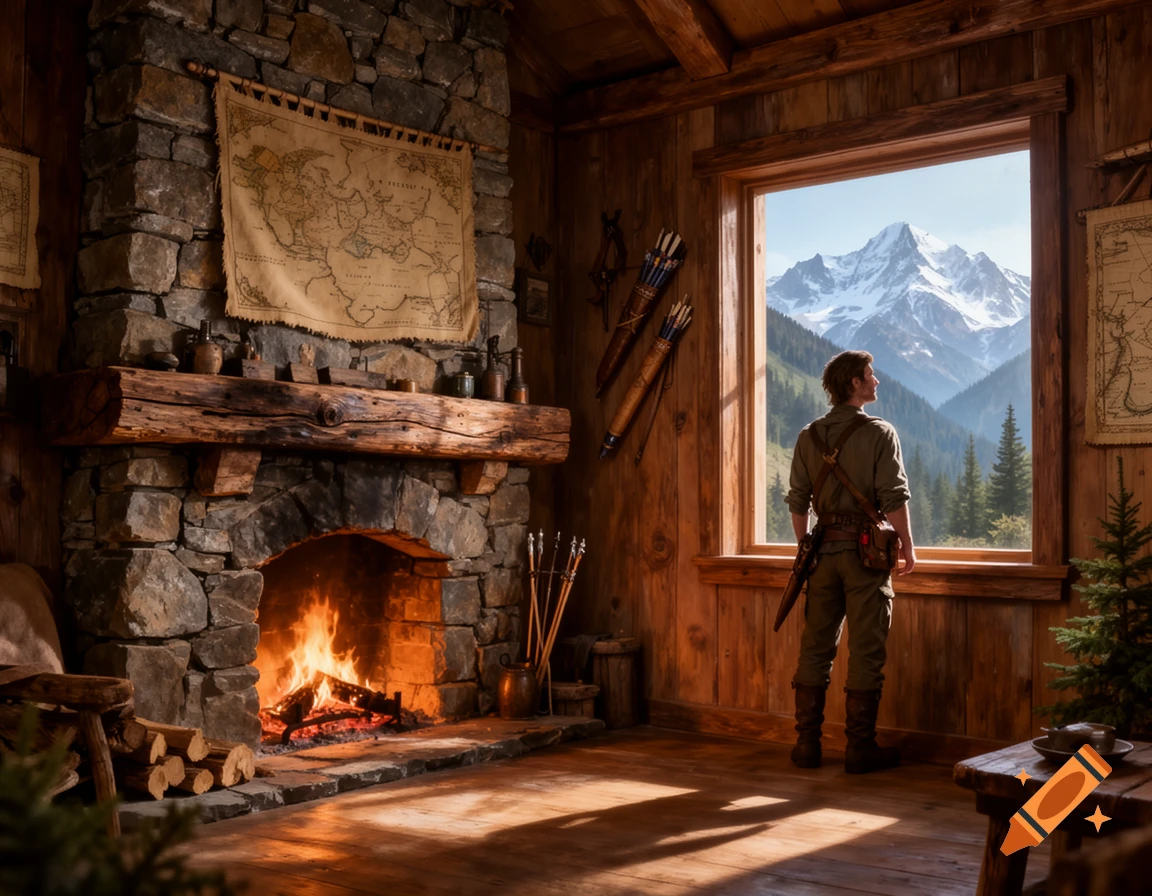 A man in a rustic cabin stands looking out a large window at snow-capped mountains and a forest; a stone fireplace burns to his left. Photorealistic.