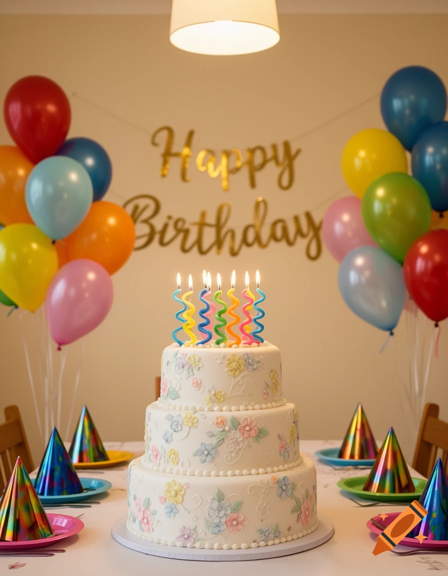 A festive three-tier birthday cake with lit colorful spiral candles, surrounded by party hats, balloons, and a "Happy Birthday" banner, photorealistic.