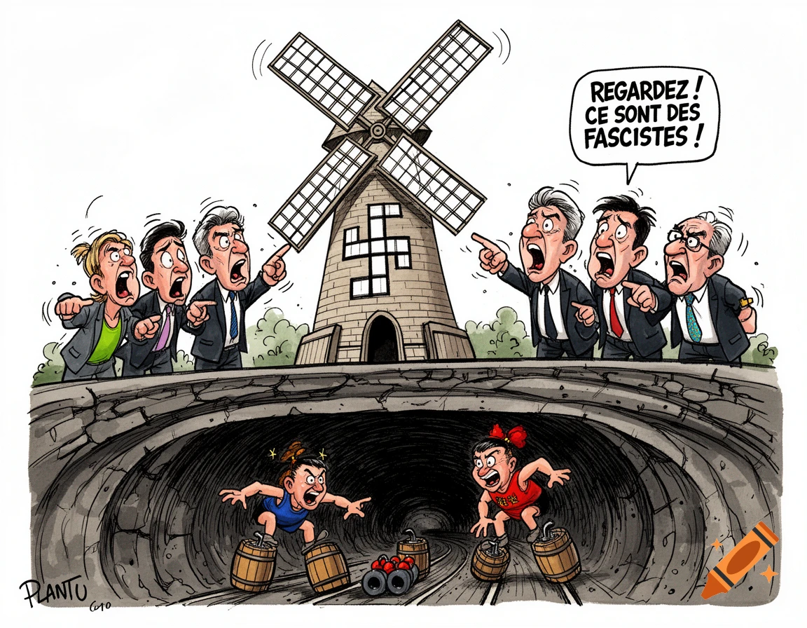 Political cartoon featuring angry men pointing at a windmill with swastika-like windows, shouting 'Look! They are fascists!', while two figures place barrels in a tunnel below.