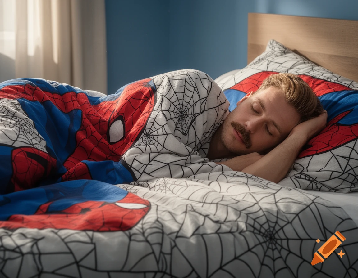 Photorealistic image of a man with a mustache sleeping peacefully in bed under Spider-Man themed duvet and pillow covers.