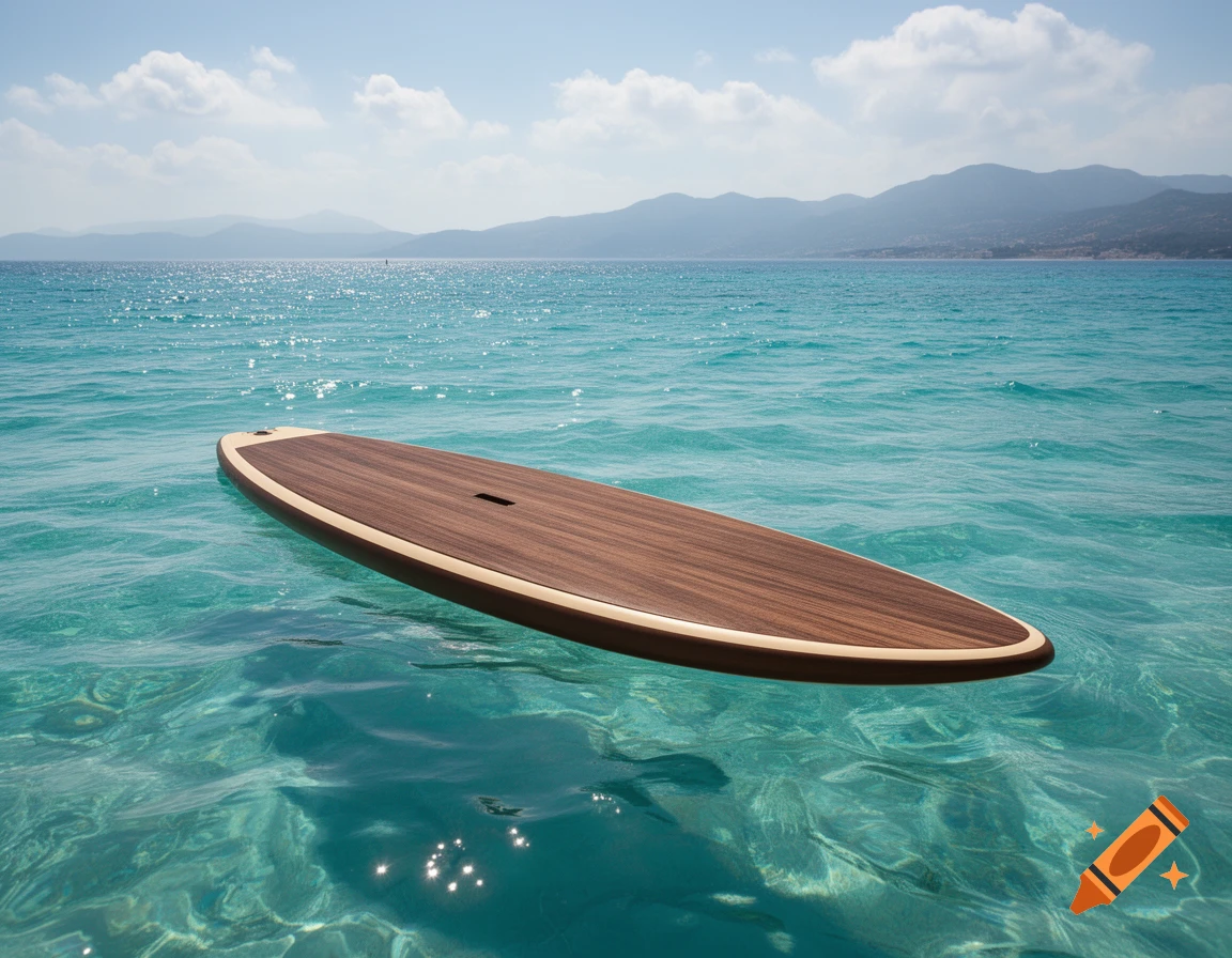 A wooden paddleboard floats on clear turquoise water with distant mountains under a blue sky.