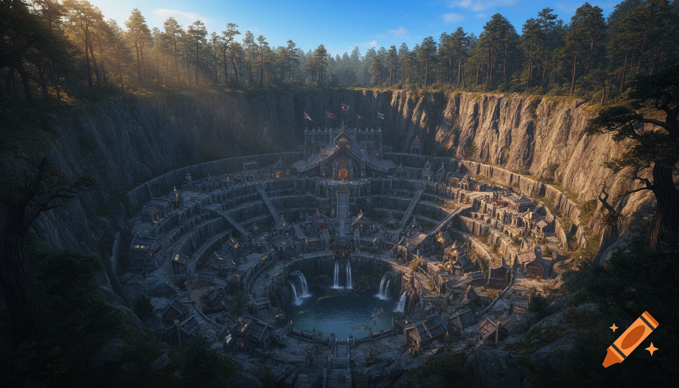 An aerial view of a majestic dwarven city built within a deep, circular ...