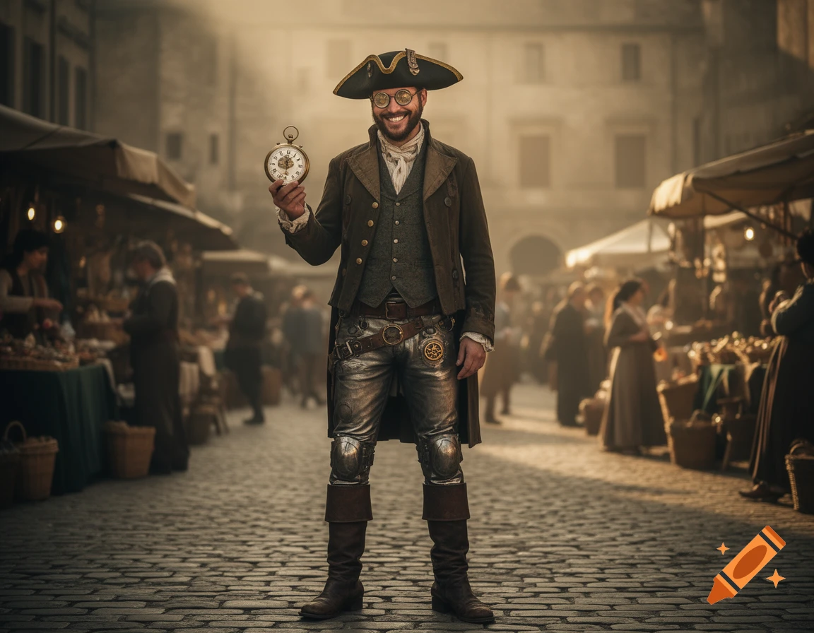 A smiling man in steampunk attire and a tricorn hat holds a pocket watch in a bustling old-world marketplace.