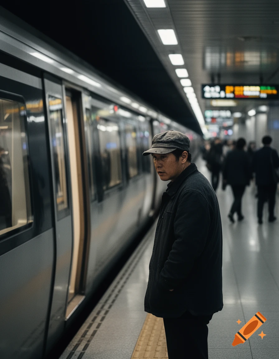 A man in a cap and dark jacket stands on a subway platform, looking left, with a train alongside and blurry figures in the background.