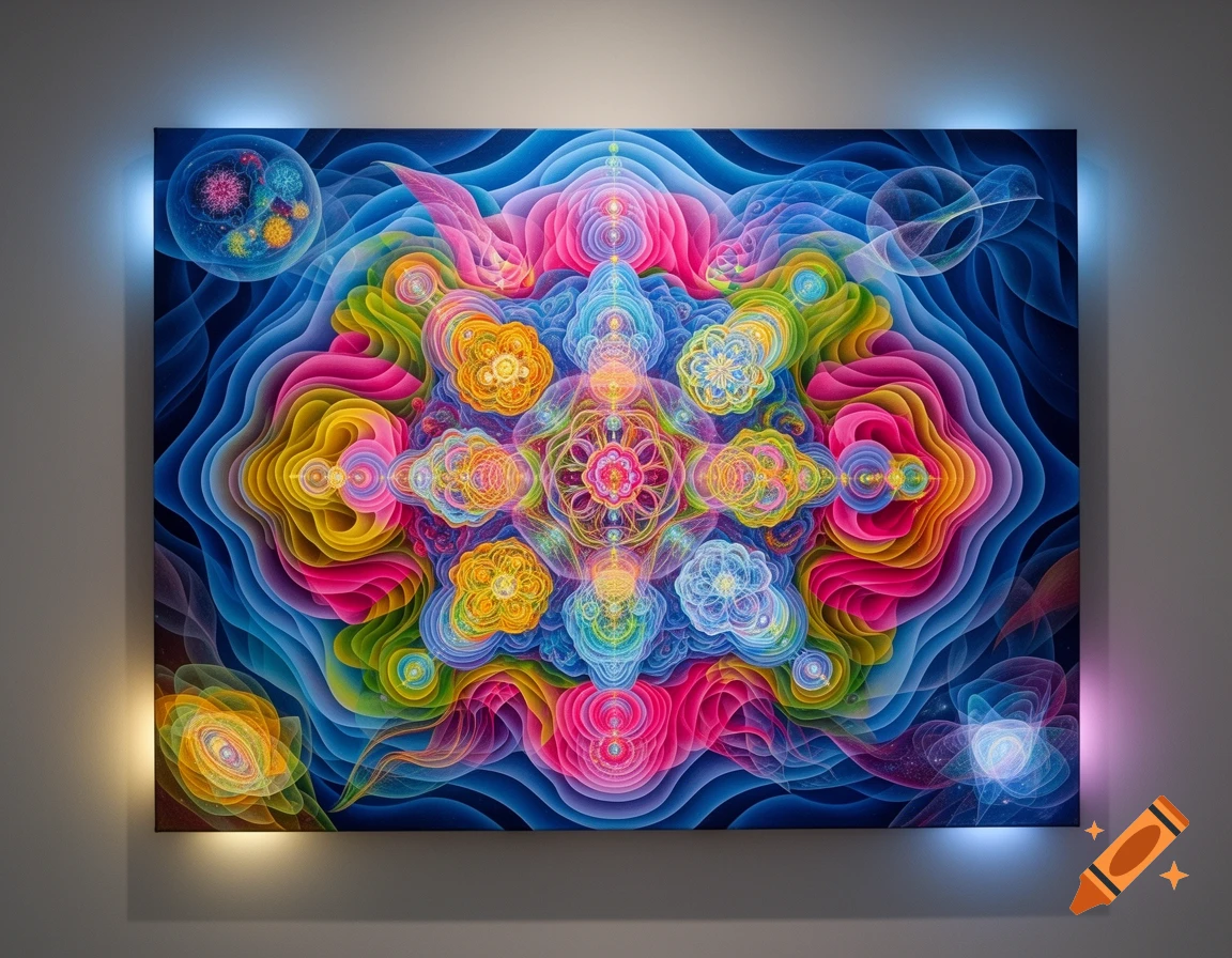 A highly detailed, vibrant abstract fractal artwork with symmetrical, layered patterns in pink, blue, green, yellow, and purple, with ambient glowing lights.