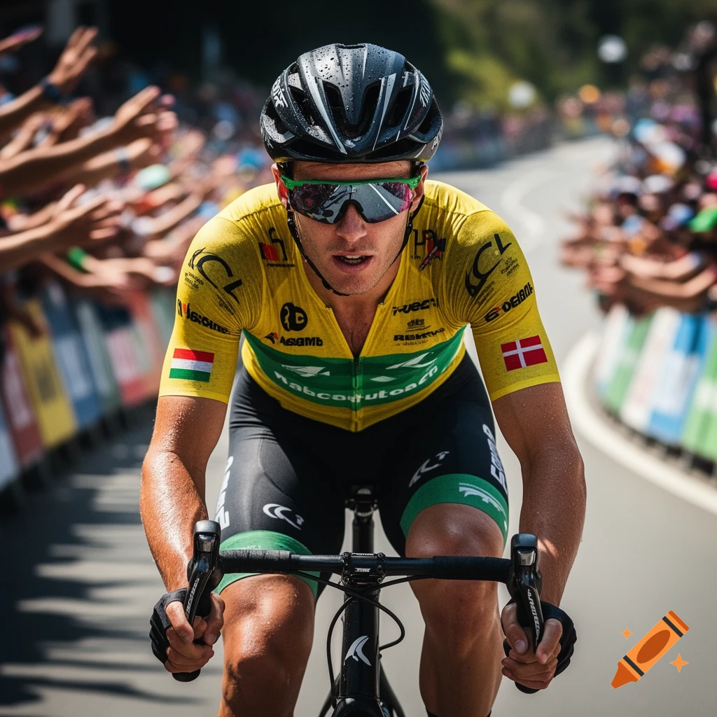 A close-up, photorealistic shot of a male cyclist in a yellow and green jersey, helmet, and sunglasses, racing past a cheering crowd.