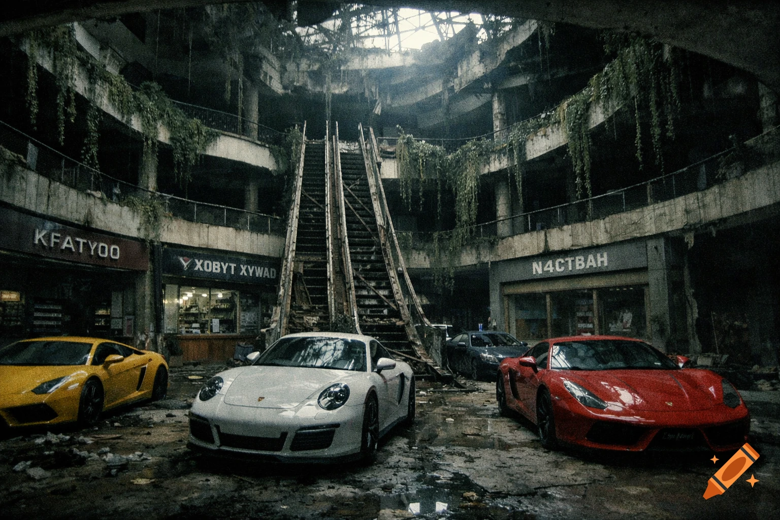 Luxury cars in an abandoned, overgrown shopping mall with broken escalators, in a gritty, found-footage style.