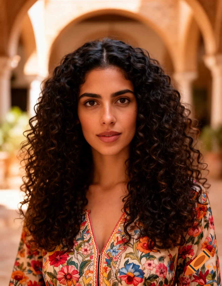 A photorealistic portrait of a woman with long, dark curly hair and a ...