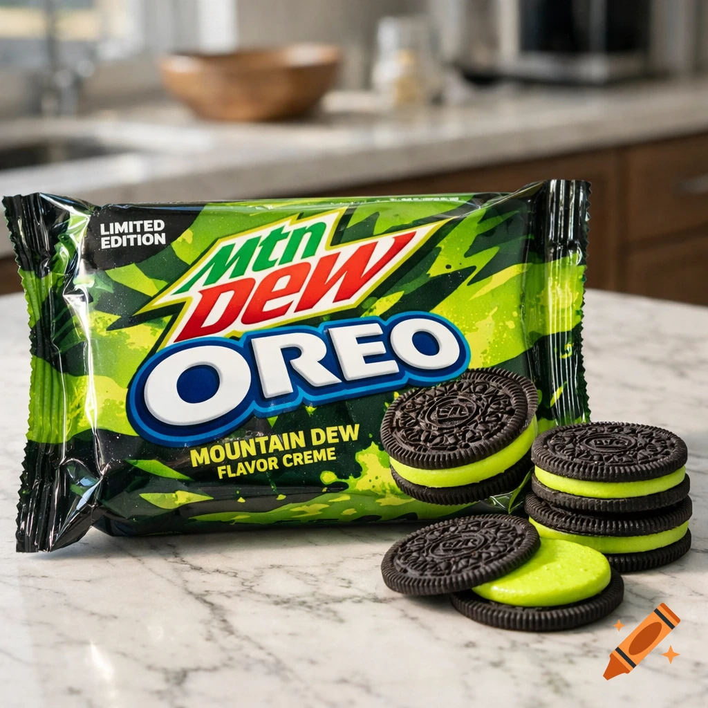 Photorealistic close-up of a Mountain Dew Oreo package and several green-creme Oreo cookies on a marble countertop.